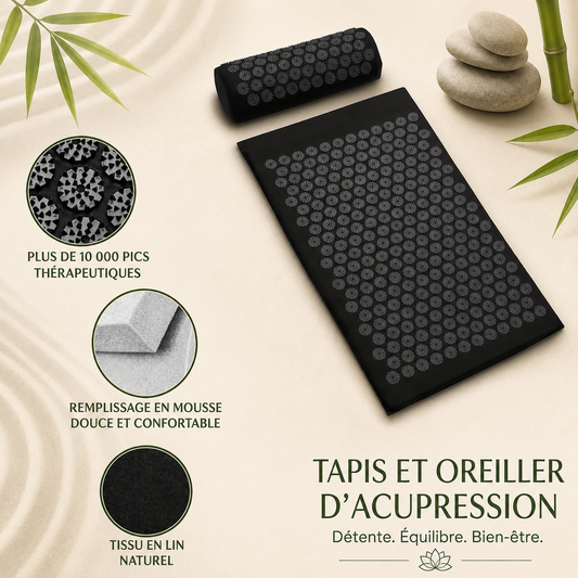 Set Confort Zenpoint noir - tapis acupression 63x40 cm avec coussin