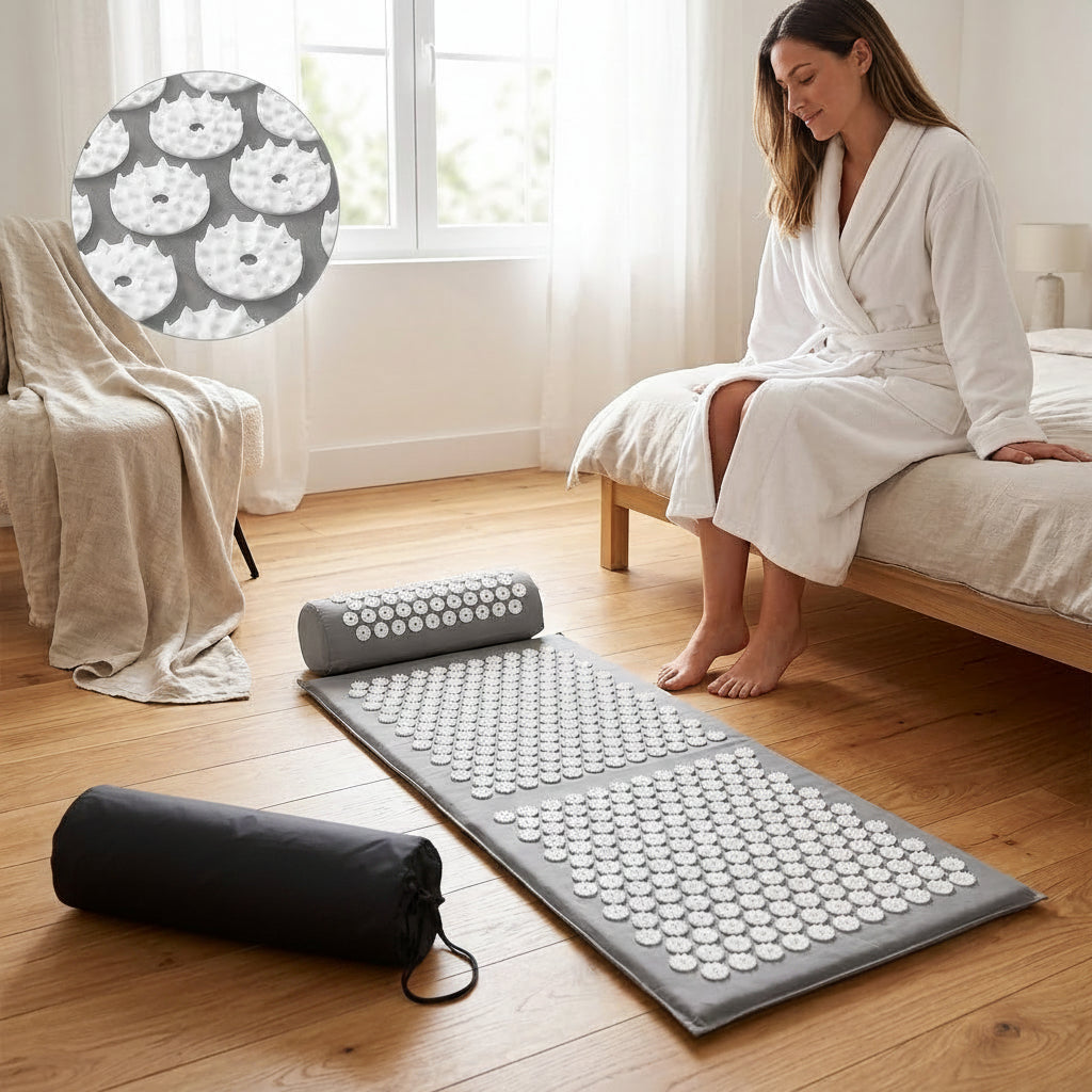 Femme près d’un tapis d’acupression gris dans une chambre calme