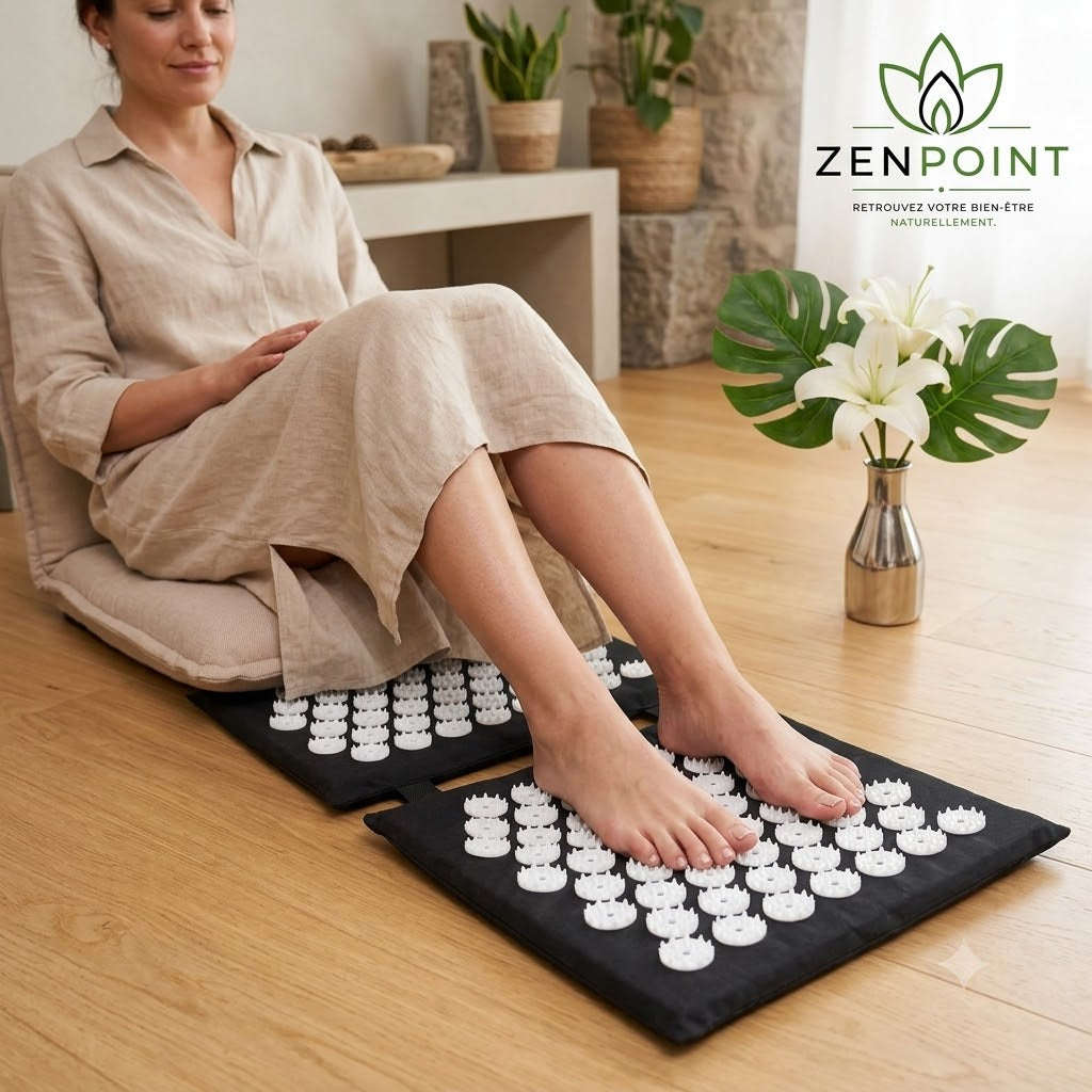 Femme assise utilisant doucement un tapis d’acupression Zenpoint