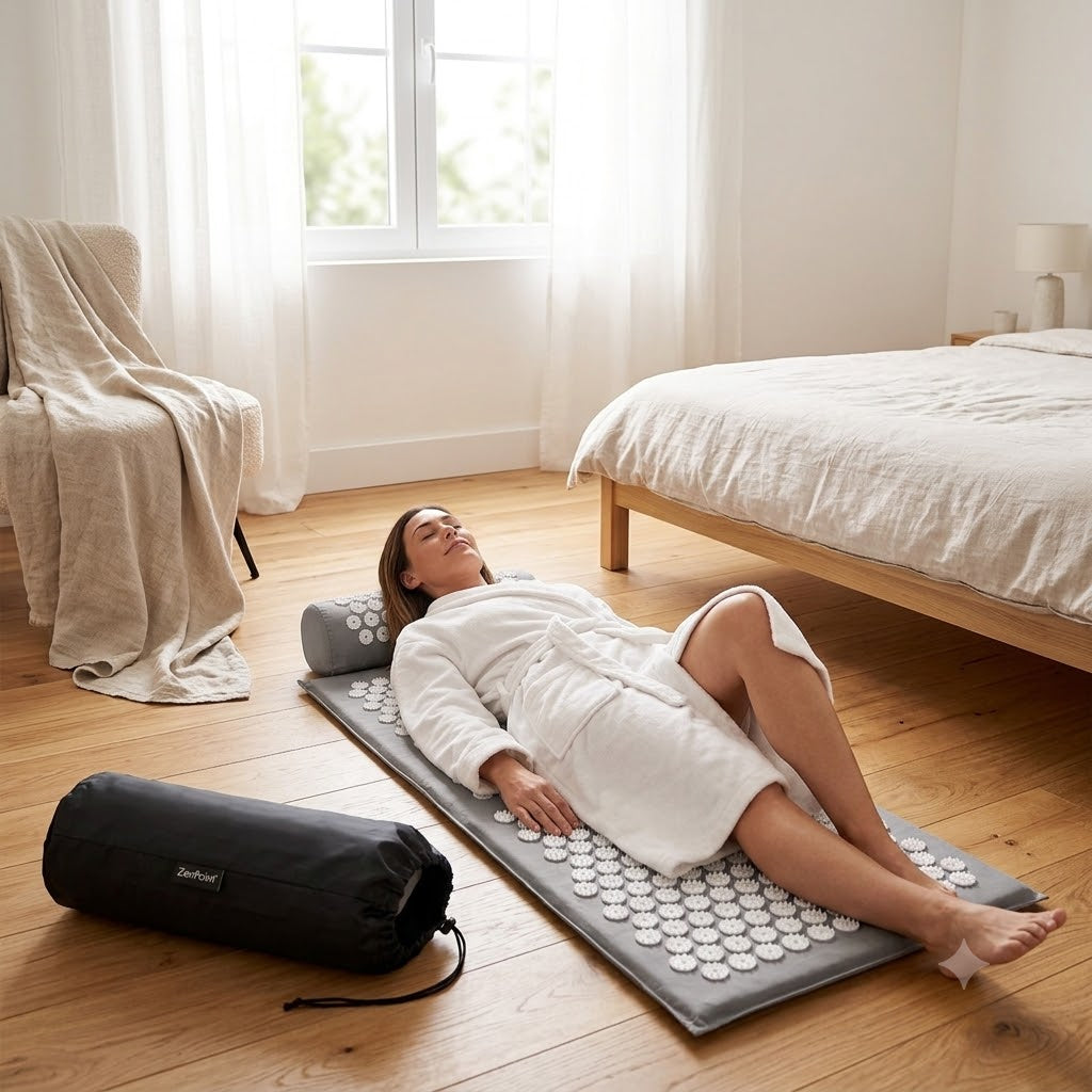 Tapis d’acupression gris Zenpoint installé dans un espace de détente