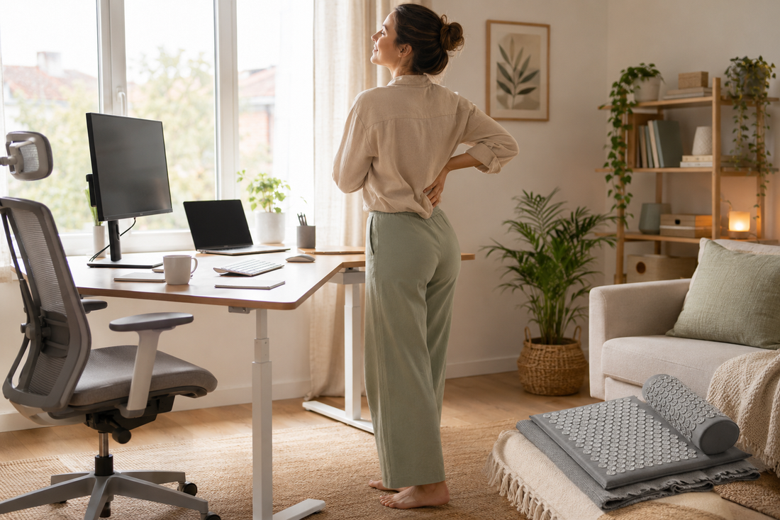 Travailleuse faisant une pause active près d’un bureau ergonomique