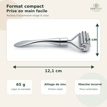 Dimensions du rouleau d’acupression visage Zenpoint : 12,1 x 5,4 cm