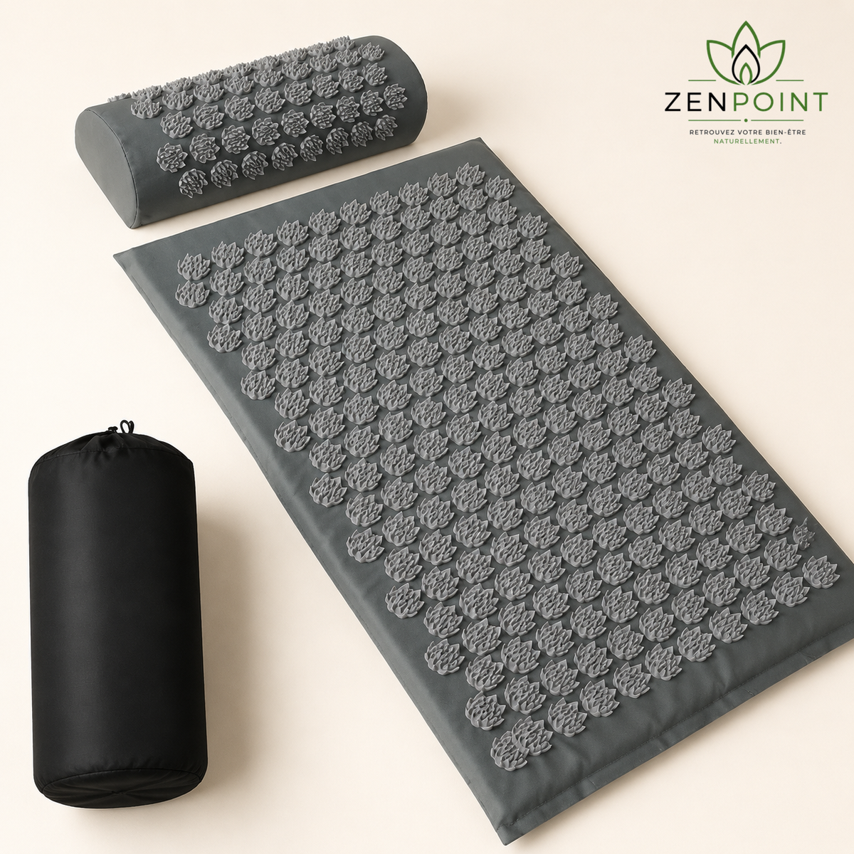 Set Floral Zenpoint gris — tapis, coussin cervical et housse de transport