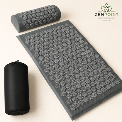 Set Floral Zenpoint gris — tapis, coussin cervical et housse de transport