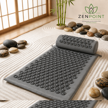 Set Floral Zenpoint gris — tapis d’acupression gris à fleurs anthracite avec coussin cervical