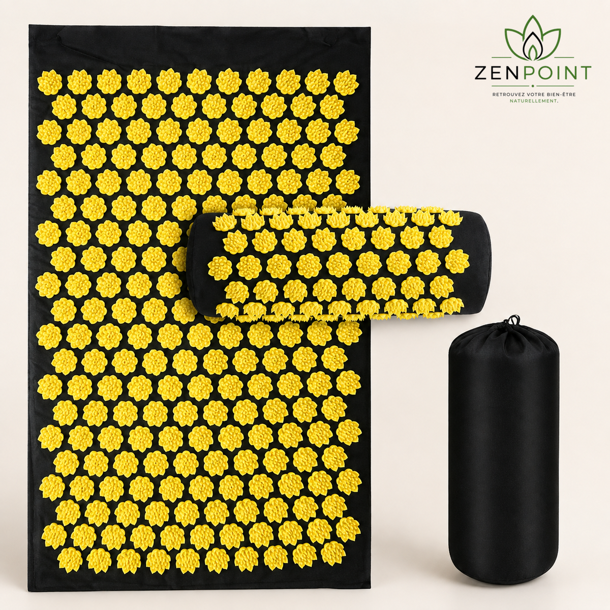 Set Floral Zenpoint jaune et noir — tapis, coussin cervical et housse de transport