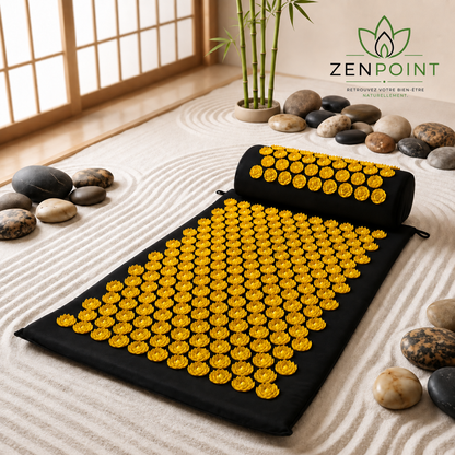 Set Floral Zenpoint jaune et noir — tapis d’acupression noir à fleurs jaunes avec coussin cervical