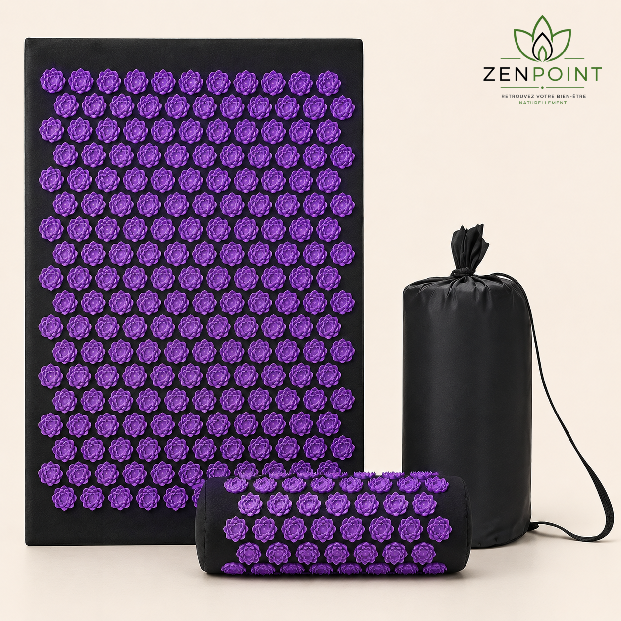 Set Floral Zenpoint violet — tapis, coussin cervical et housse de transport