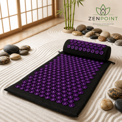 Set Floral Zenpoint violet — tapis d’acupression noir à fleurs violettes avec coussin cervical